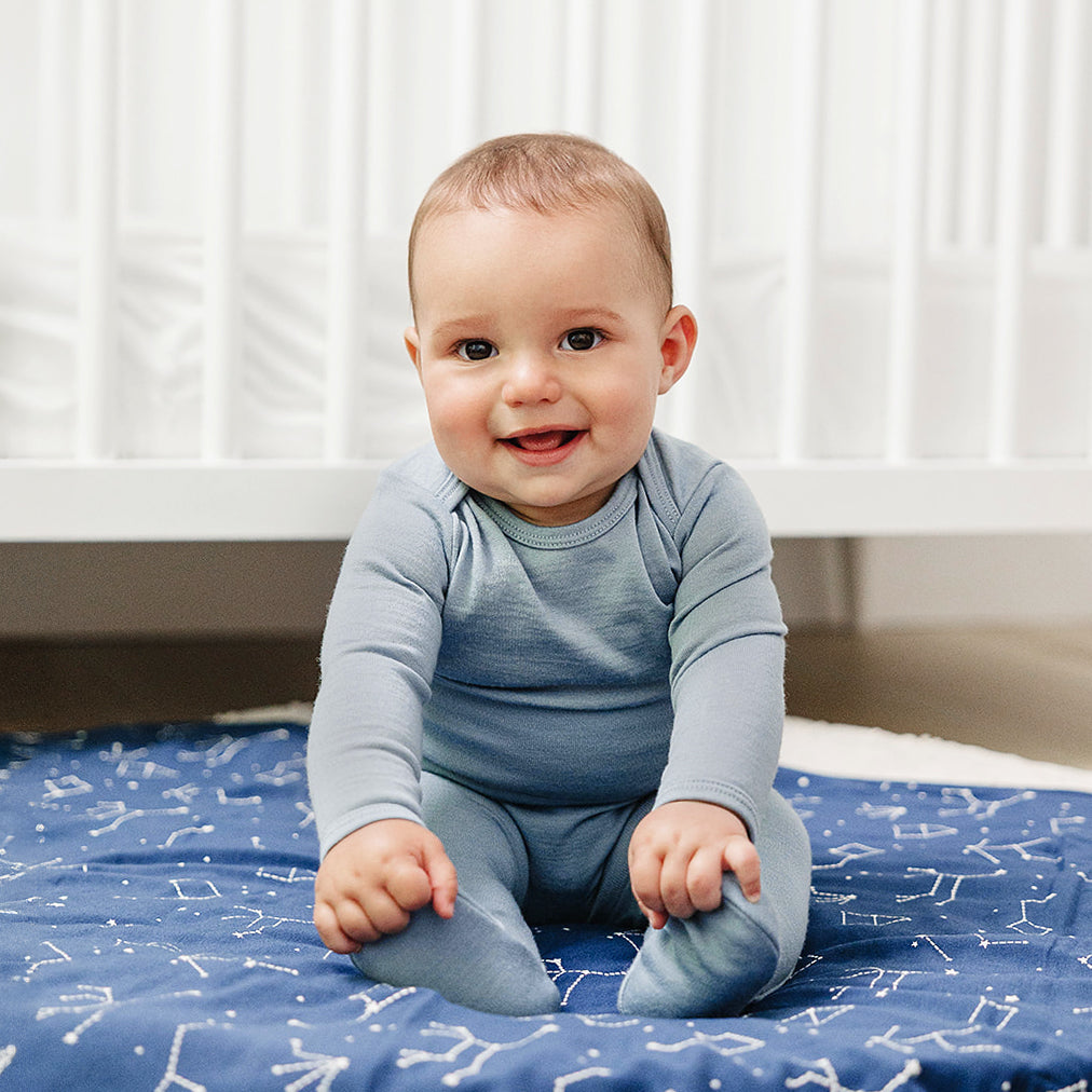 Baby Bodysuit, Long Sleeve, Merino Wool, Blue - Image 2