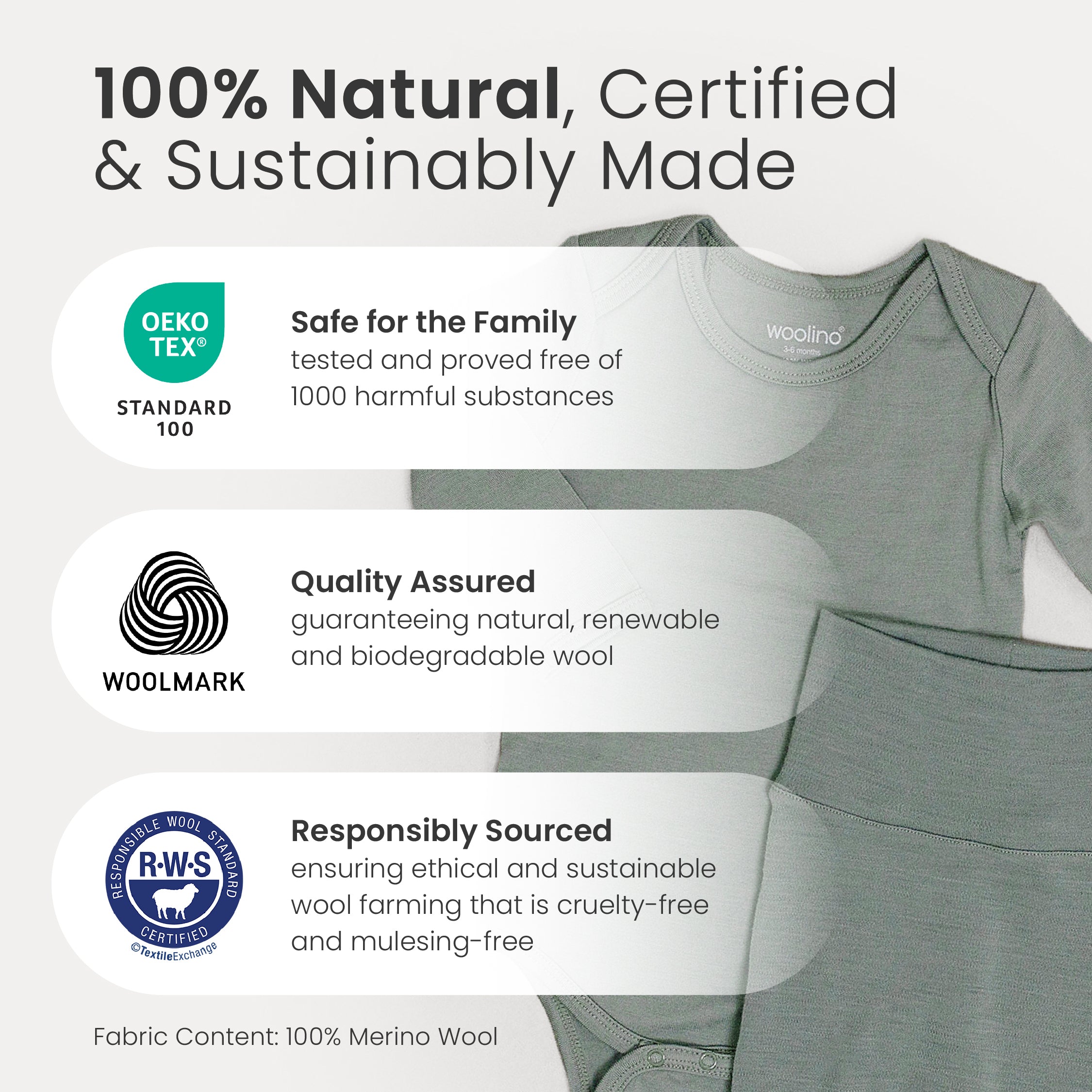 Baby Bodysuit, Long Sleeve, Merino Wool, Oat - Image 5