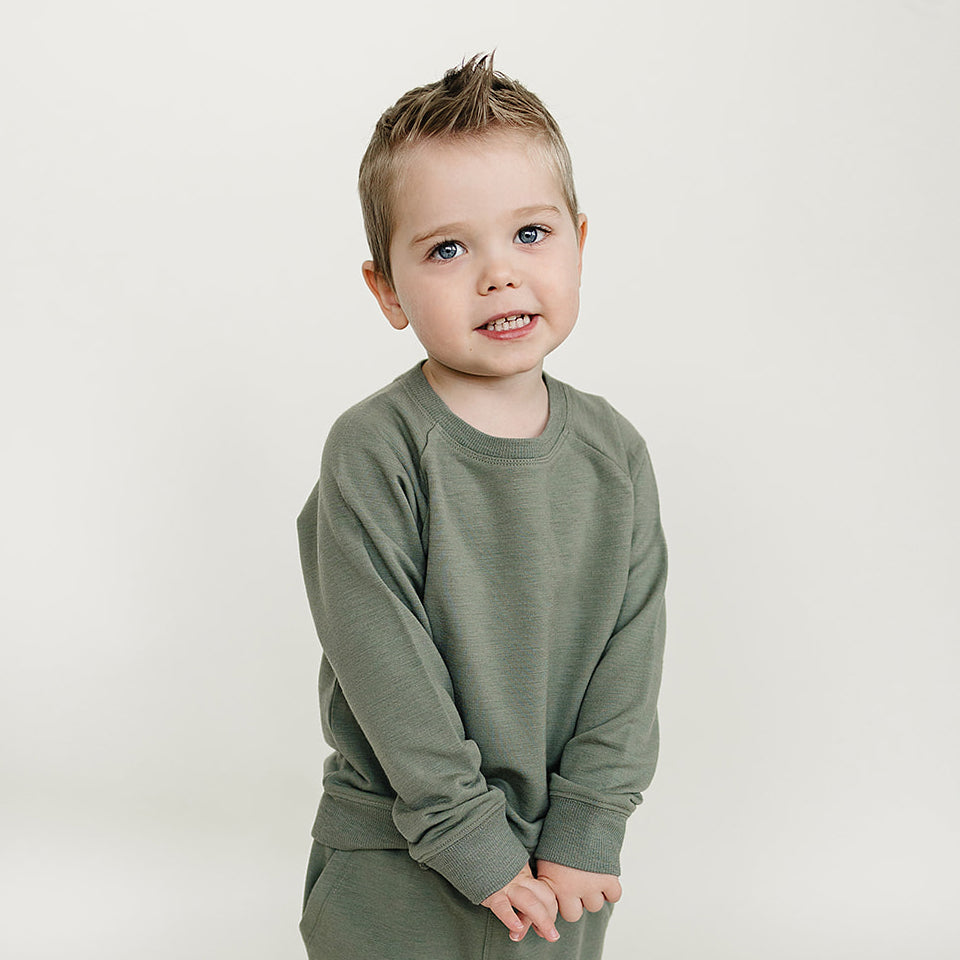 Kids Merino Wool Crew Neck Sweatshirt, Olive - Image 2