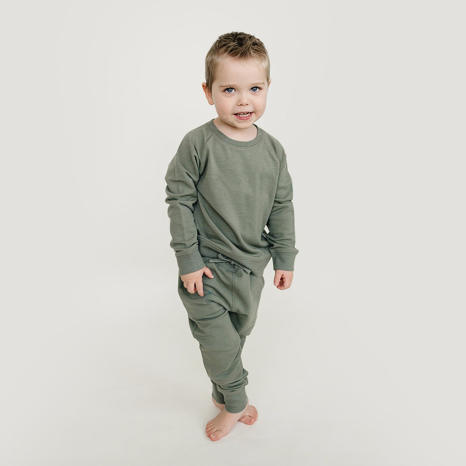 Kids Merino Wool Crew Neck Sweatshirt, Olive - Image 3