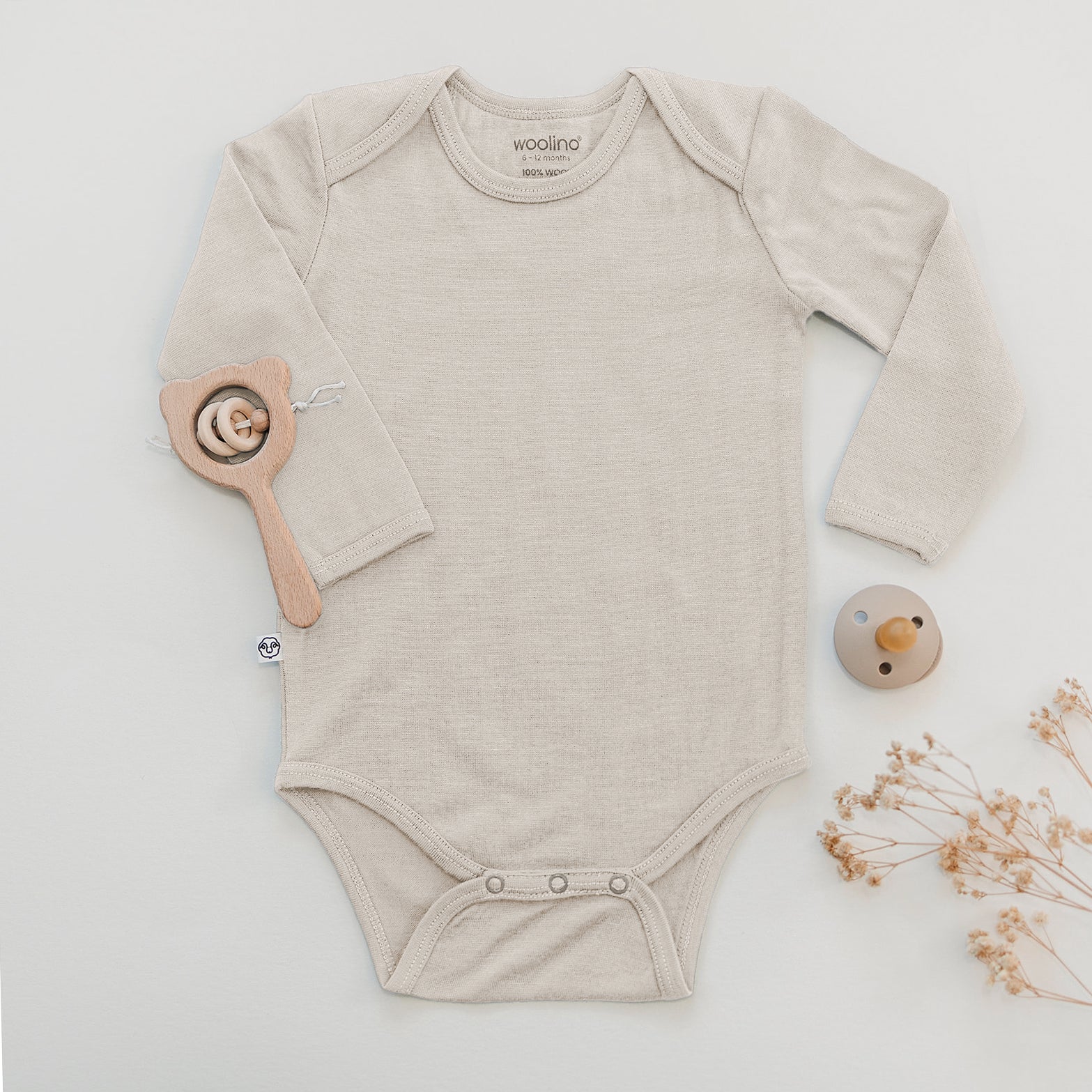 Baby Bodysuit, Long Sleeve, Merino Wool, Oat - Image 4