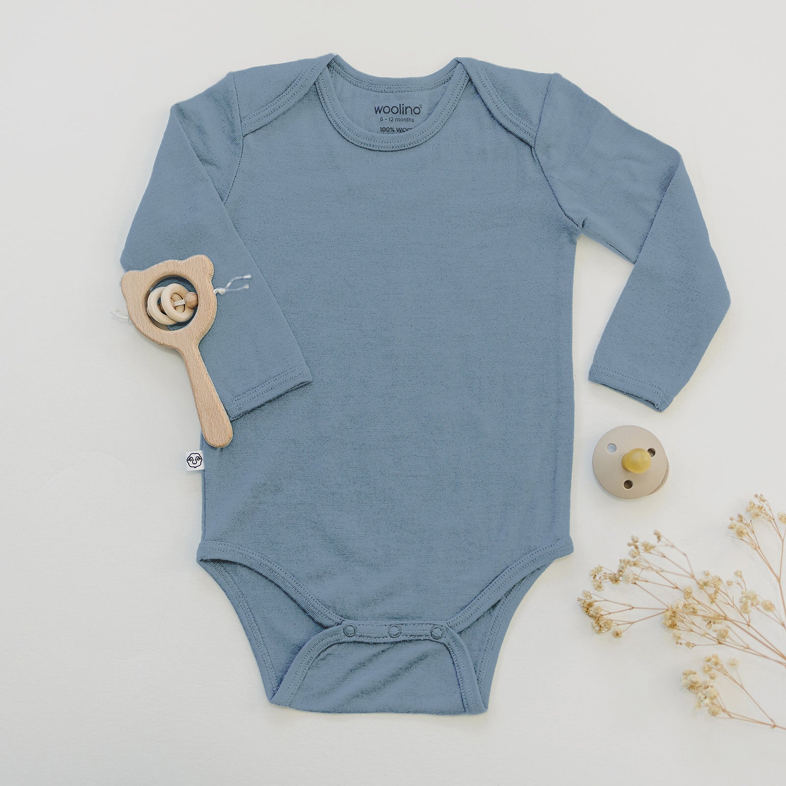 Baby Bodysuit, Long Sleeve, Merino Wool, Blue - Image 5